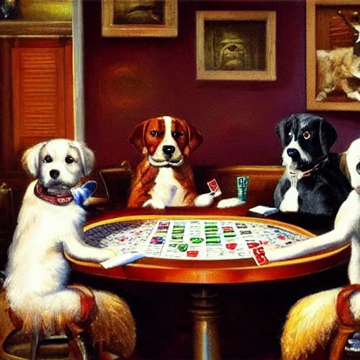 Image similar to 4 dogs playing poker oil painting high detail,