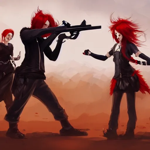 Prompt: a concept art of a boy and a girl with red hair holding a gun, gothic clothes, action shot, highly detailed, digital painting, artstation, concept art, smooth, sharp focus, illustration