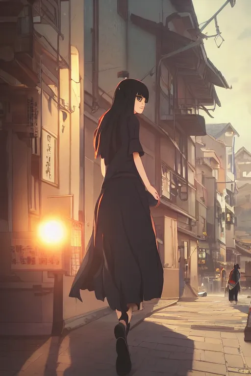 Prompt: a beautiful girl with dark hair walking down a japanese style street, ambient lighting, dynamic lighting, 4k, official media, anime key visual, makoto shinkai, ilya kuvshinov, rossdraws, detailed, trending on artstation