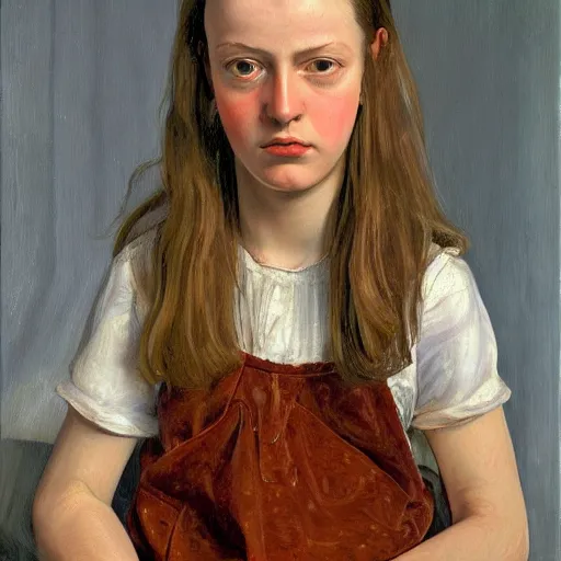 Image similar to high quality high detail painting by lucian freud, hd, girl portrait, photorealistic lighting