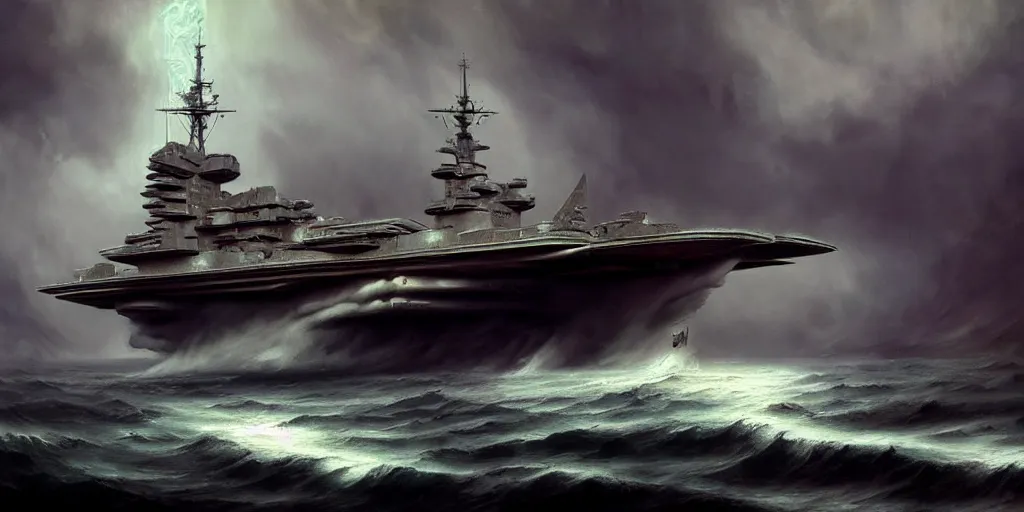 Image similar to a viking style aircraft carrier, by Rolf Armstrong and Evelyn De Morgan and Bastien Lecouffe-Deharme, dramatic lighting, high contrast colors, baroque, empyrean, panoramic view, as trending on Artstation, highly detailed, doom engine,