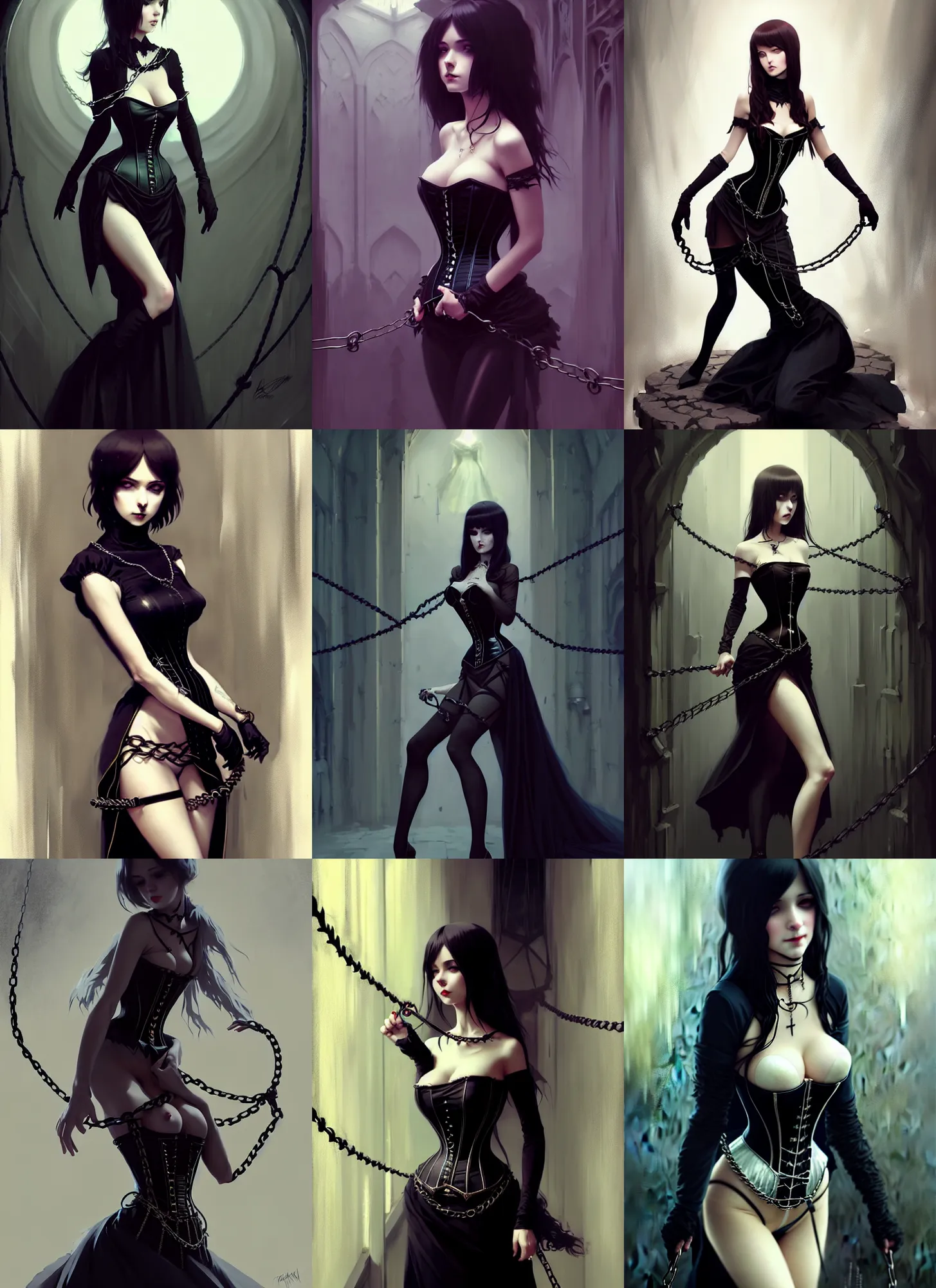 Prompt: an elegant beautiful gothic princess, bound by chains and barbed wire in a dungeon, very tight corset, high heels, full body, style of ilya kuvshinov, greg rutkowski, anna dittmann, masterpiece, very high quality, dark, intricate, high resolution