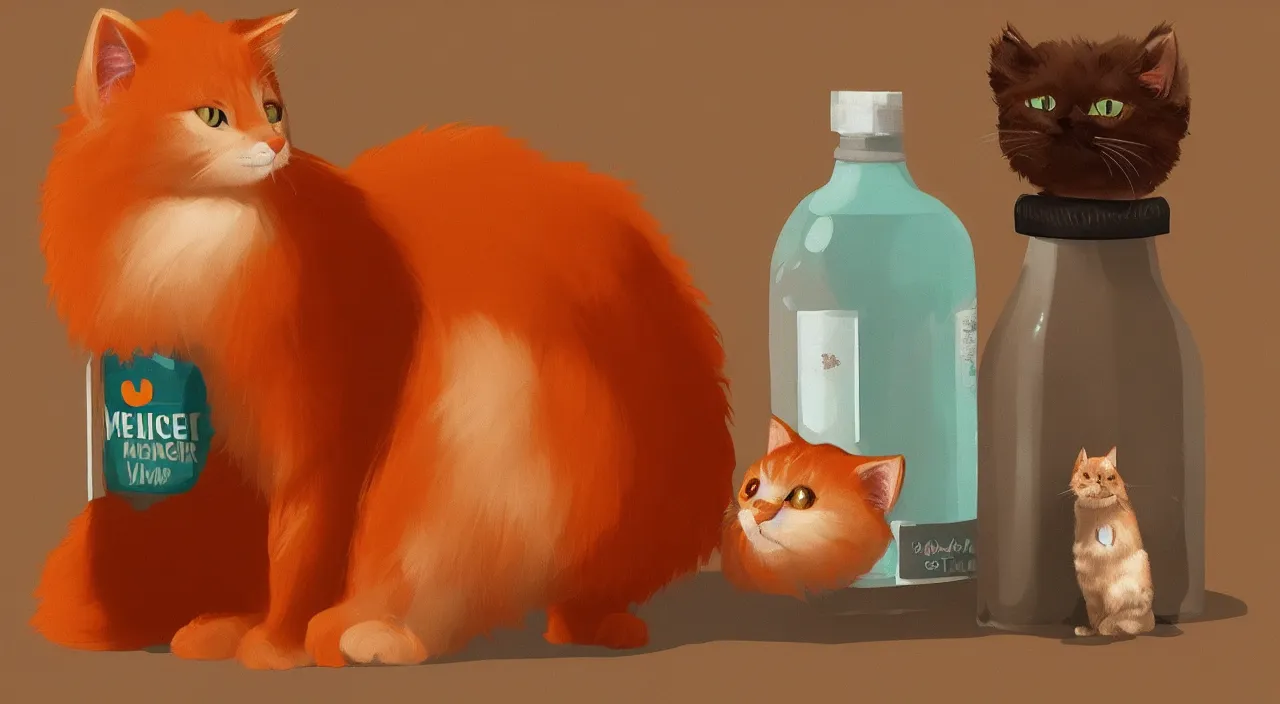 Prompt: a fluffy orange cat standing next to a bottle of medicine. animal. digital art. artstation. illustration. overlay color.