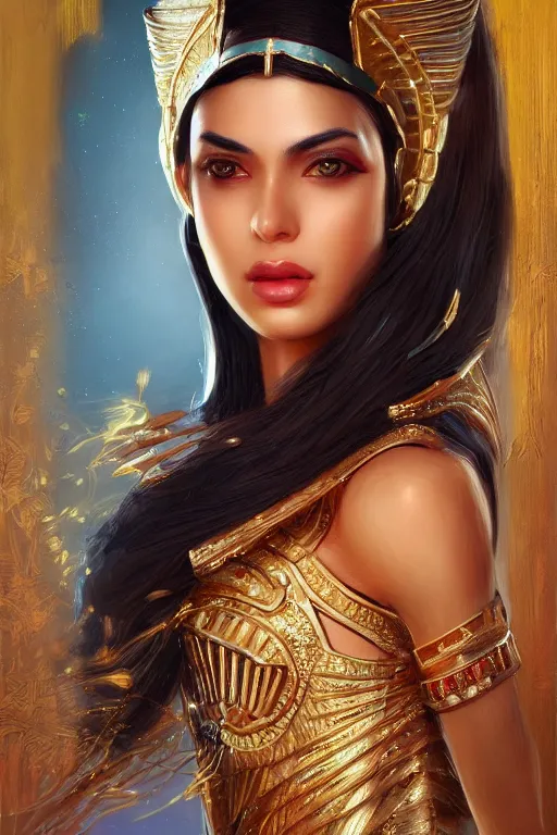 Image similar to Saba Mubarak as egyptian princess, gorgeous, portrait, powerful, intricate, beautiful, masterpiece, elegant, volumetric lighting, digital painting, highly detailed, artstation, sharp focus, illustration, Hajime sorayama, ruan jia