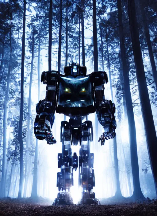 Prompt: a giant robot with very bright eyes walking through a dark forest at night, unnaturally dark, moody