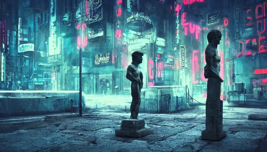 Image similar to a small weathered ancient greek sculpture standing in a square, surrounded by cyberpunk city, neon sign, bladerunner, digital illustration, artstation, cinematic composition