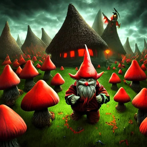 Prompt: a portrait of a scary evil nightmare gnomes in a poison mushroom village, highly detailed, digital photo, hdri, by christopher bretz and john carpenter, vivid colors, high contrast, 8 k resolution, intricate, photorealistic, smooth, psychedelic color scheme, concept art, award winning, cg society contest winner