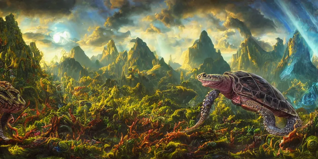 Image similar to fantasy oil painting, great leviathan, cybernetic turtle cephalopod terrapin reptilian pachyderm squid, bella hadid, hybrid, milla jovovich, anubis, epic natural light, lush plants flowers, spectacular mountains, bright clouds, luminous sky, outer worlds, golden hour, michael cheval, edward hopper, michael whelan, vray, hd