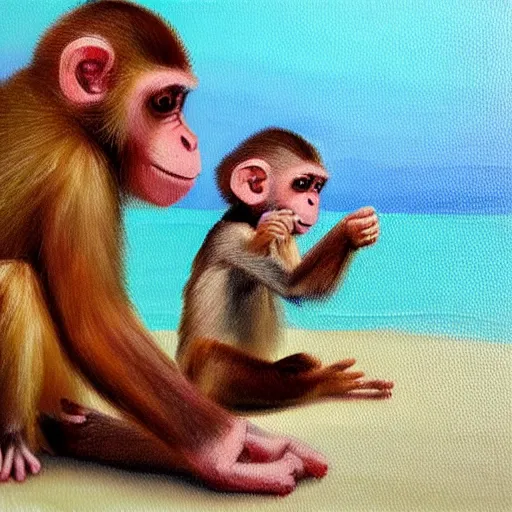 Image similar to baby monkey drinking water at the beach, oil painting, cute, 4k, trending on art station,