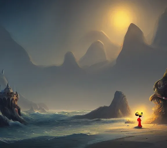 Image similar to Mickey Mouse sitting on a terrifying beach with giant scary sea creatures, monsters, dark, dim, nightmarish, digital painting, in the style of raphael lacoste, super detailed, artstation