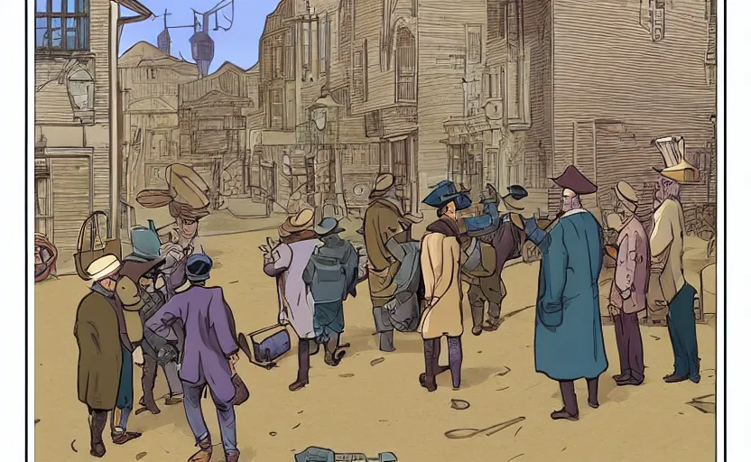 Prompt: townsmen meet a detective to present a new case outside his office building, moebius, print, game art