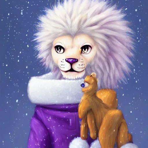 Image similar to a cute, well - drawn, professionally painted anthropomorphic purple albino lion wearing a cute cozy winter outfit, winter atmosphere, furry fandom, furaffinity, digital painting, digital art, detailed, high - resolution