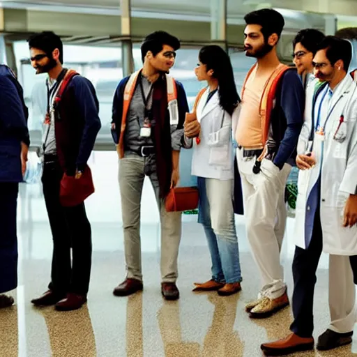 Image similar to Anxious good looking young Indian doctors in American clothes waiting at an airport, by Feng Zhu, highly detailed, excellent composition, cinematic concept art, dramatic lighting, trending on ArtStation