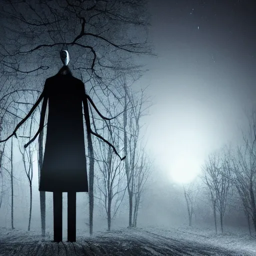 Prompt: slender man creeping at night, dark image, horror, Christmas tree with lights, fireplace in background, inside living room. Dark spect, 4k realistic