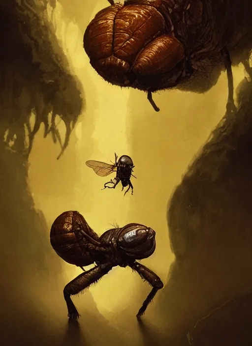 Image similar to giant humanoid fly with proboscis and wings, against dark background, fluid, smooth, organic, crazy, high contrast, sharpness, dramatic, by greg rutkowski and siudmak and richard corben and moebius