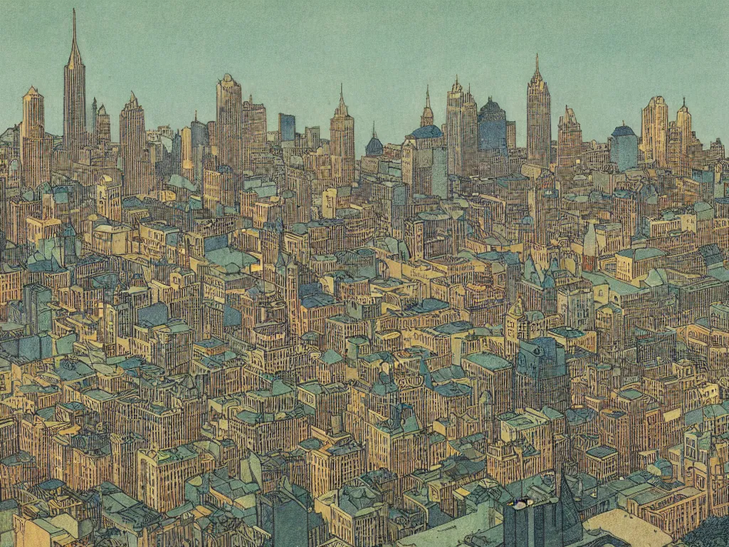 Image similar to highly detailed illustration of the milwaukee skyline, by edmund dulac and android jones, scans from museum collection