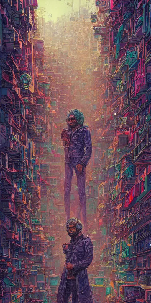 Image similar to highly detailed colorful illustration of a curly - haired persian guy in a cyberpunk city by moebius, nico delort, oliver vernon, kilian eng, joseph moncada, damon soule, manabu ikeda, kyle hotz, dan mumford, otomo, 4 k resolution