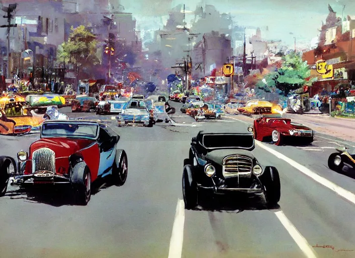 Image similar to hotrods driving down a street , vintage, highly detailed, 4K, by John Berkey