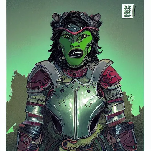 Image similar to character portrait green orc lady in full plate armour by art style by feng zhu and loish and laurie greasley, victo ngai, andreas rocha, john harris