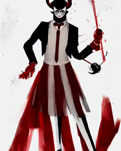 Prompt: Medium shot of Red Imp + White black striped horns + Formal outfit, in the style of greg rutkowski