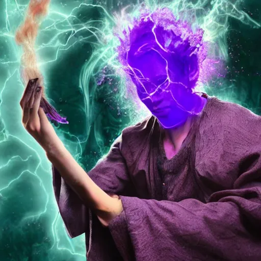 Prompt: sorcerer with a purple aura casting spells, fantasy, darkly colored