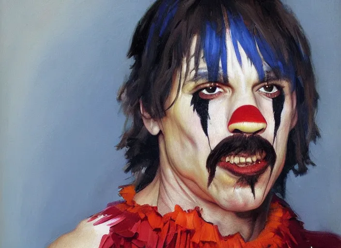 Prompt: a highly detailed beautiful portrait ofanthony kiedis as clown, by gregory manchess, james gurney, james jean