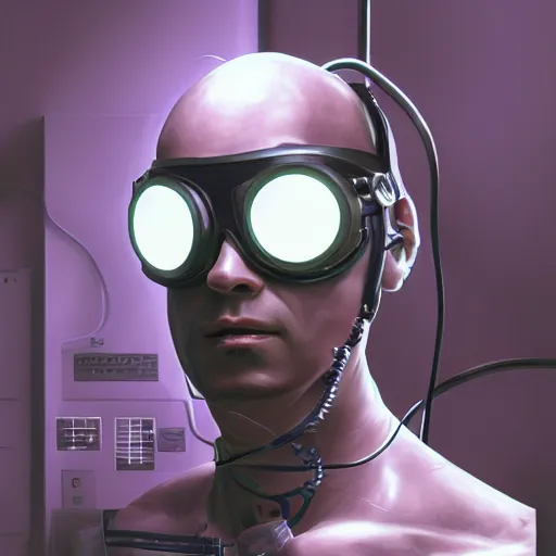 Prompt: a guy connected to wires and tubes, wearing goggles, cybernetic, dystopian, highly detailed, digital painting, artstation, concept art, soft light, sharp focus, illustration