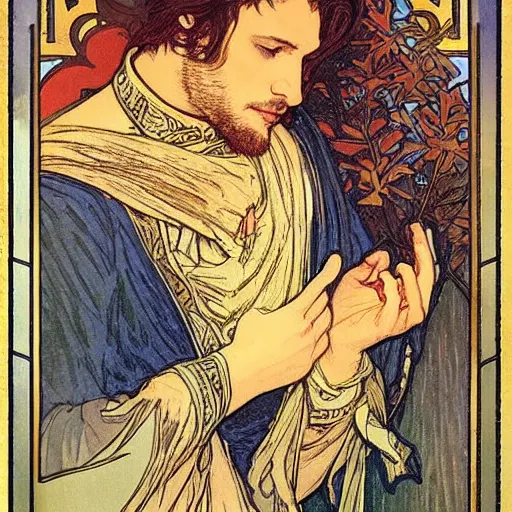 Prompt: gaspard ulliel portrait by louis - theophile hingre and alphonse mucha, realistic, sharp focus, zodiac signs, tarot cards, planets, ethereal, art nouveau, magic, moon, sun, crown, dreamy, royal, jewellery