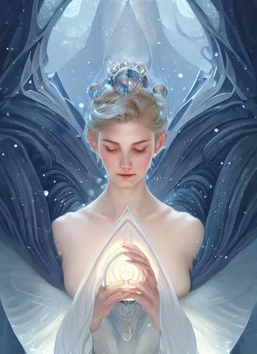 Image similar to a beautiful cinematic female winter goddess, cristal dress, ice wing, galatic shamen with quantum energy fantasy, fantasy magic, undercut hairstyle, dark light night, intricate, elegant, sharp focus, illustration, highly detailed, digital painting, concept art, matte, art by wlop and artgerm and greg rutkowski and alphonse mucha, masterpiece