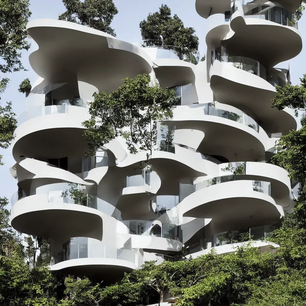 Image similar to “ a two story modern house with curve sculptural balconies, designed by famous architects online lab of architecture, house sold for 4 million dollars, featured on architecture magazines ”