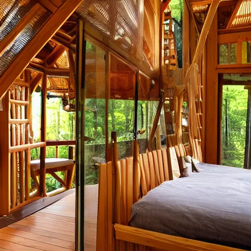 Image similar to interior of an epic treehouse. modern design, window viewing forest canopy, wooden bridge