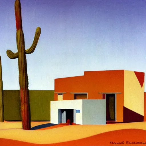 Image similar to motel in a desert rural landscape, painted by François Roca and Edward Hopper, highly detailed