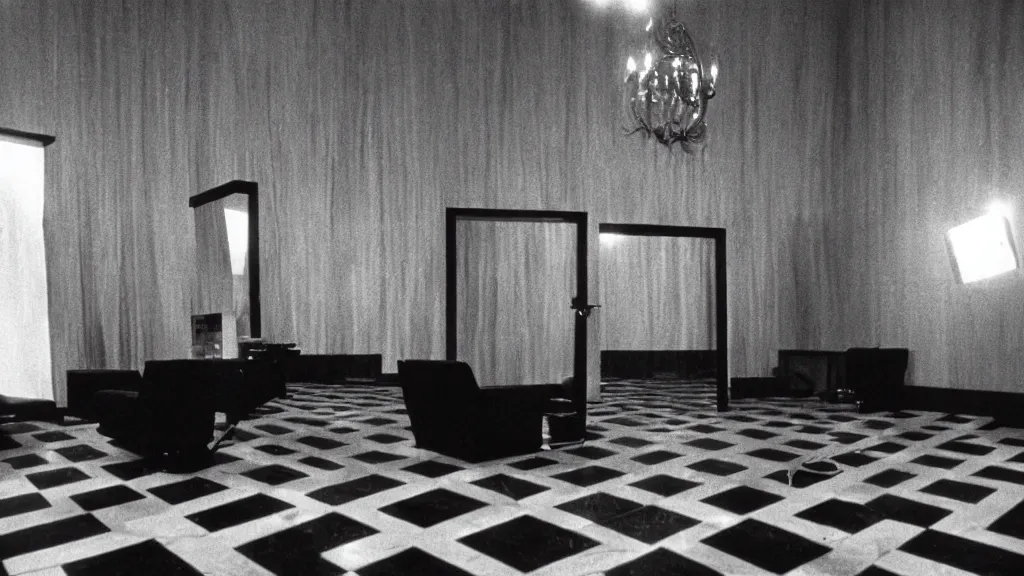 Image similar to Twin Peaks (1990) the Black Lodge, red curtains, black furniture, white and black chevron floor tile, eerie david lynch cinematography, red room in the black lodge from Twin Peaks, atmospheric wide shot photography, dramatic lighting, shot on ARRIFLEX Camera, shot on Panavision Panaflex Camera, shot on Fjifilm 35mm, Shot on Eastman Kodak 35mm