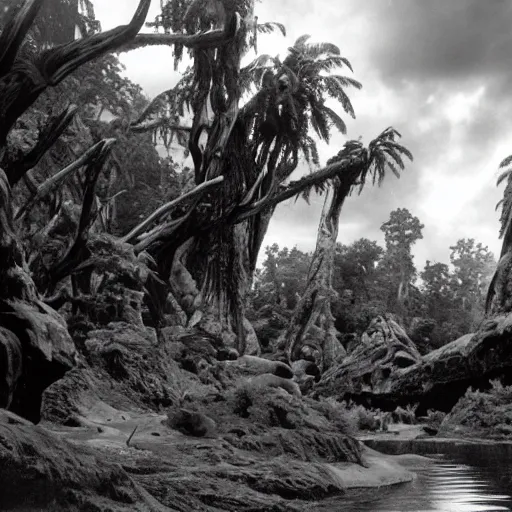 Image similar to Kashyyyk photographed by Ansel Adams, landscape