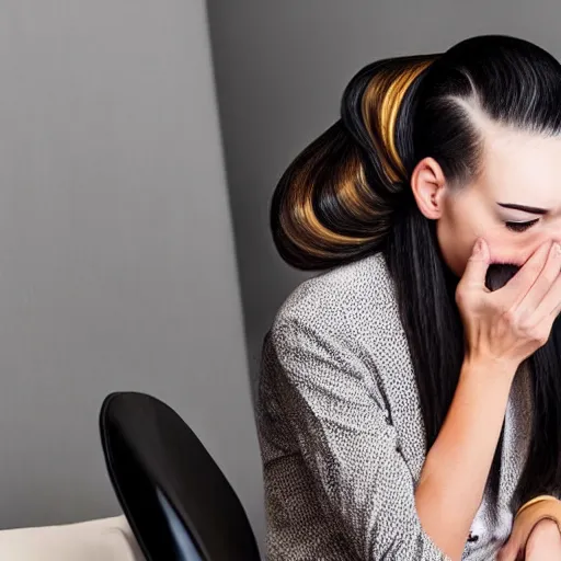 Prompt: tearful! professional millennial man with beehive women's hairstyle