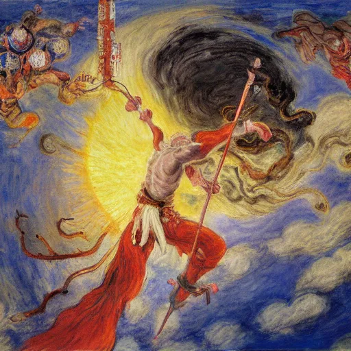 Image similar to Sun Wukong vs god, Journey to the west, 4k, art by Claude Monet