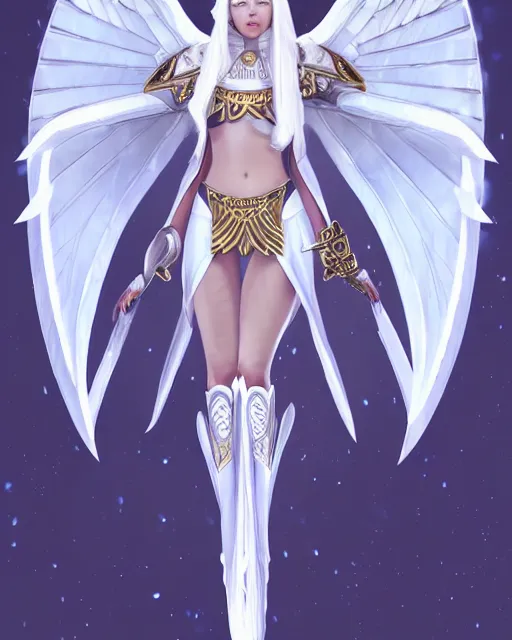 Image similar to perfect white haired egyptian goddess wearing white dove wings, warframe armor, regal, attractive, ornate, sultry, beautiful, ice queen, half asian, pretty face, blue eyes, detailed, scifi platform, 4 k, ultra realistic, android body, illuminated, cinematic, masterpiece, art by akihito tsukushi, voidstar, artgerm