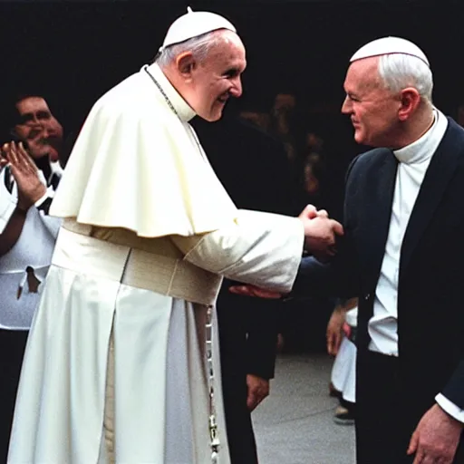 Image similar to photgraph of the pope john paul ii shaking hands with kanye west