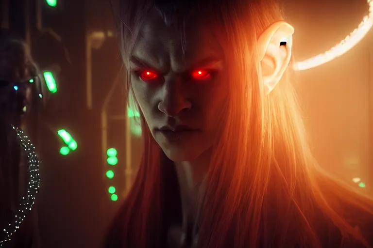 Prompt: an ultra realistic, cinematic, fantasy, portrait, of an evil elf, elden ring, fairy lights, facial features, stood in a supermarket, with futuristic clothing and neon lights, detailed, deep focus, movie still, dramatic lighting, ray tracing, by michal karcz and yoshitaka amano