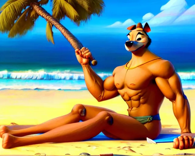 Image similar to muscular gandhi at the beach, sitting on the sand next to a campfire, with palm trees in the back, by artgerm, ilya kuvshinov katsuhiro villeneuve, jeremy lipkin and michael garmash and rob rey, disney pixar zootopia, by tristan eaton, stanley artgermm, tom bagshaw, greg rutkowski, carne griffiths