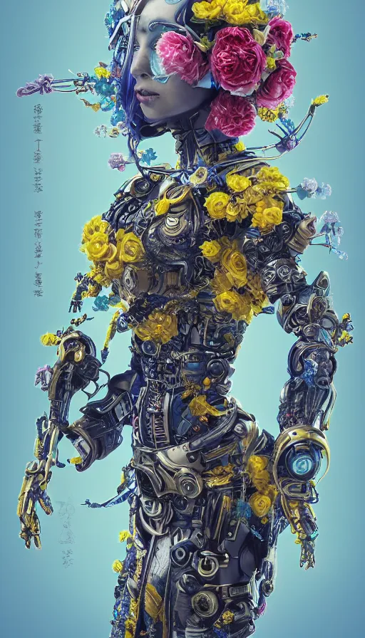 Image similar to full body head to toe portrait of a flowerpunk sci-fi cyborg ninja, third person, D&D, sci-fi fantasy, intricate, blue and gold, daisy and rose and miniature peony, highly detailed, art by Range Murata, highly detailed, 3d, octane render, bright colors, digital painting, trending on artstation, sharp focus, illustration style of Stanley Artgerm, dramatic background