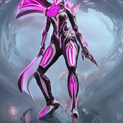 Image similar to highly detailed exquisite fanart, of a beautiful female warframe, but as a stunning anthropomorphic robot female dragon, standing elegantly with hand on hip, shining reflective off-white plated armor, slick elegant design, bright Fuchsia skin, sharp claws, close full body shot, epic cinematic shot, realistic, professional digital art, high end digital art, DeviantArt, artstation, Furaffinity, 8k HD render, epic lighting, depth of field