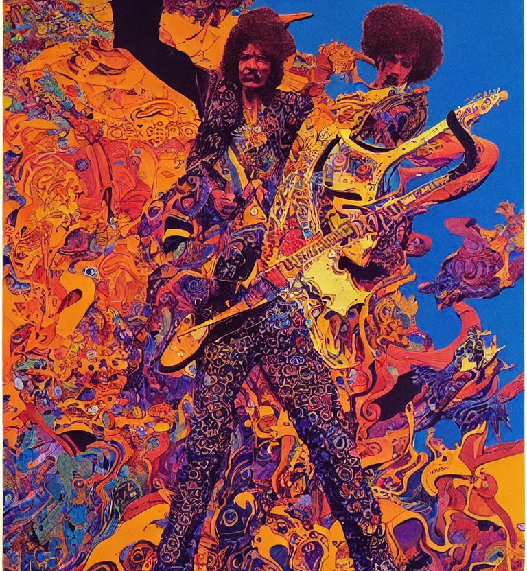 Prompt: jimi hendrix full body, colourful afrofuturist biomorphic opart in background by pascal blanche and josh kirby and roger dean and james jean and giger and arthur rackham and moebius and syd mead and beksinski and greg hildebrandt, scifi, 8 k