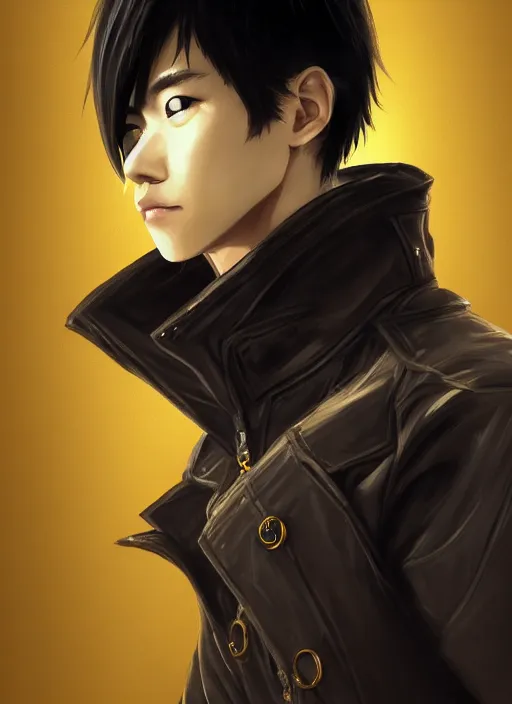Prompt: a highly detailed illustration of young attractive japanese guy wearing black detective coat, yellow eyes, dramatic standing pose, hyperdetailed perfect face, perfect eyes, intricate, elegant, highly detailed, centered, digital painting, artstation, concept art, smooth, sharp focus, league of legends concept art, wlop.