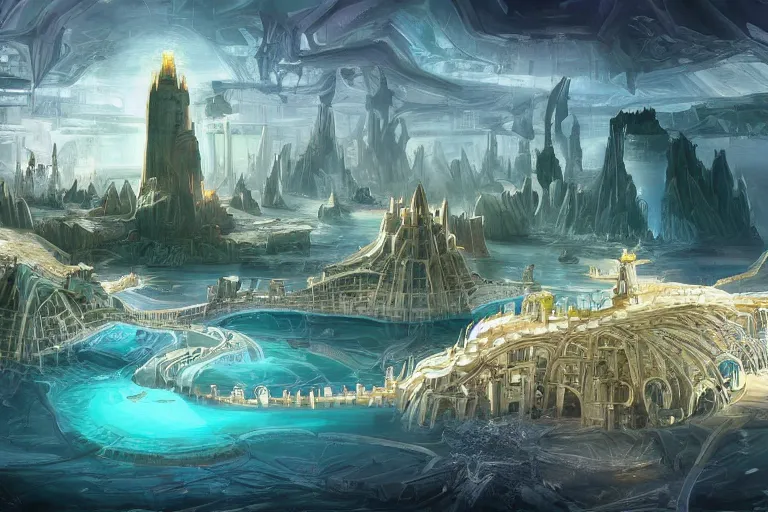 Image similar to atlantis with different levels and layers, connected by many bridges, clean, utopian, white, concept art, digital painting by shaddy safadi