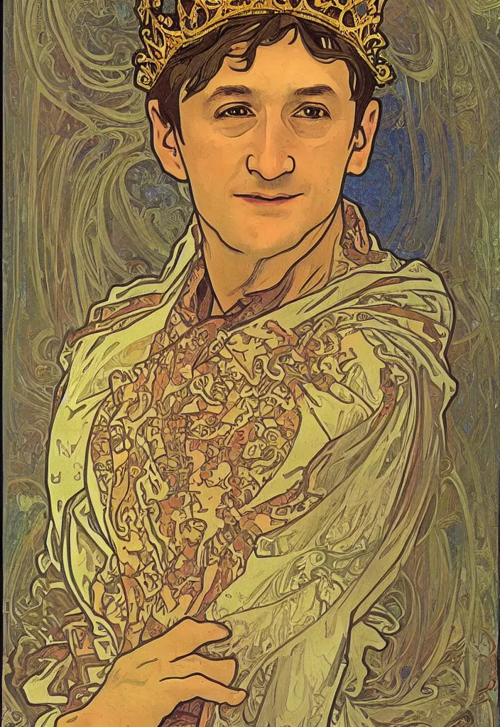 Image similar to geoffrey hinton in a crown on a tarot card, tarot in art style by alphonse mucha