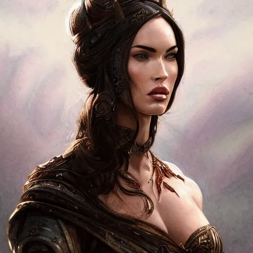 Image similar to megan fox is kneeling in front of a queen, elegant, highly detailed, digital painting, artstation, concept art, matte, sharp focus, perfect face symmetry, illustration, art by aenaluck and roberto ferri and greg rutkowski, epic fantasy, digital painting