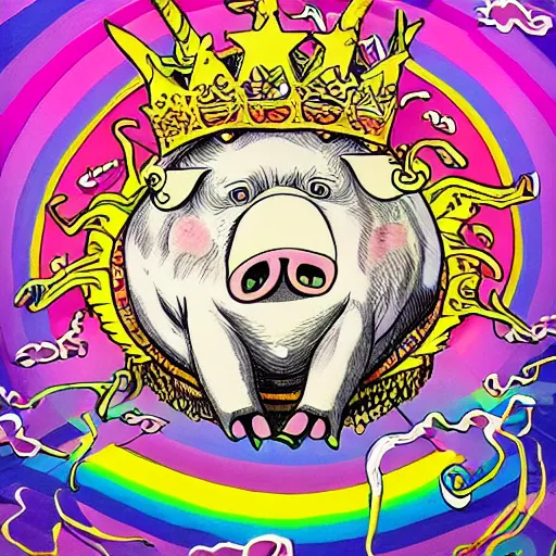 Prompt: trippy comic art of a pig wearing a gold crown sleeping on a rainbow in the sky with white clouds, drawn by Martin Rowson, Tim Burton, Studio Ghibli, Alex Pardee, Nekro Petros Afshar, James McDermott, colors by lisa frank, unstirred paint, vivid color, cgsociety 4K