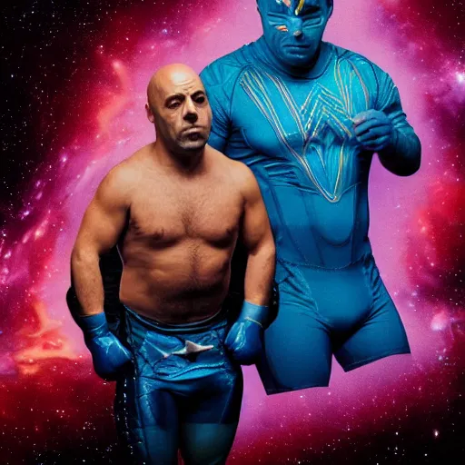 Image similar to UHD candid photo of Joe Rogan dressed as a cosmic superhero, accurate face, UHD, photorealistic, correct face, photo by Annie Leibowitz