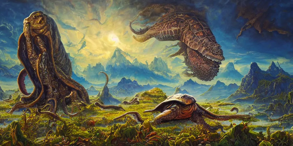 Image similar to fantasy oil painting, great leviathan, cybernetic turtle cephalopod terrapin reptilian pachyderm squid, bella hadid, hybrid, milla jovovich, anubis, epic natural light, lush plants flowers, spectacular mountains, bright clouds, luminous sky, outer worlds, golden hour, michael cheval, edward hopper, michael whelan, vray, hd